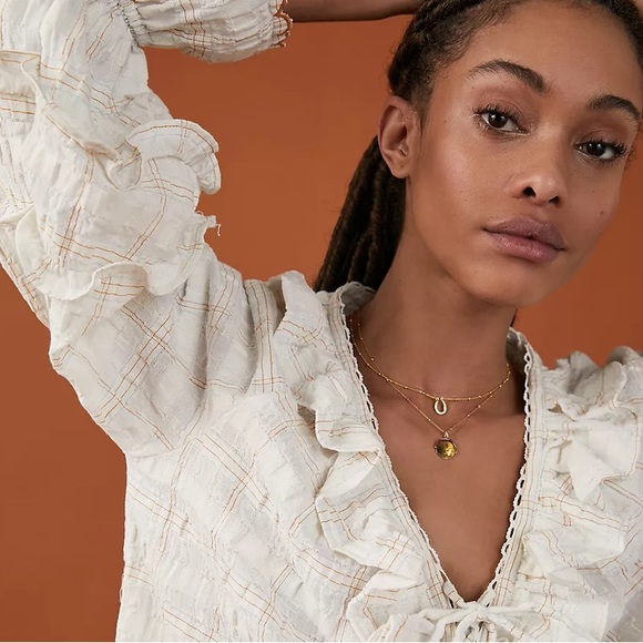 🍃💕NWT Anthropologie Chrissy Ruffled Prairie Check Peasant Blouse Size M - Picture 2 of 15